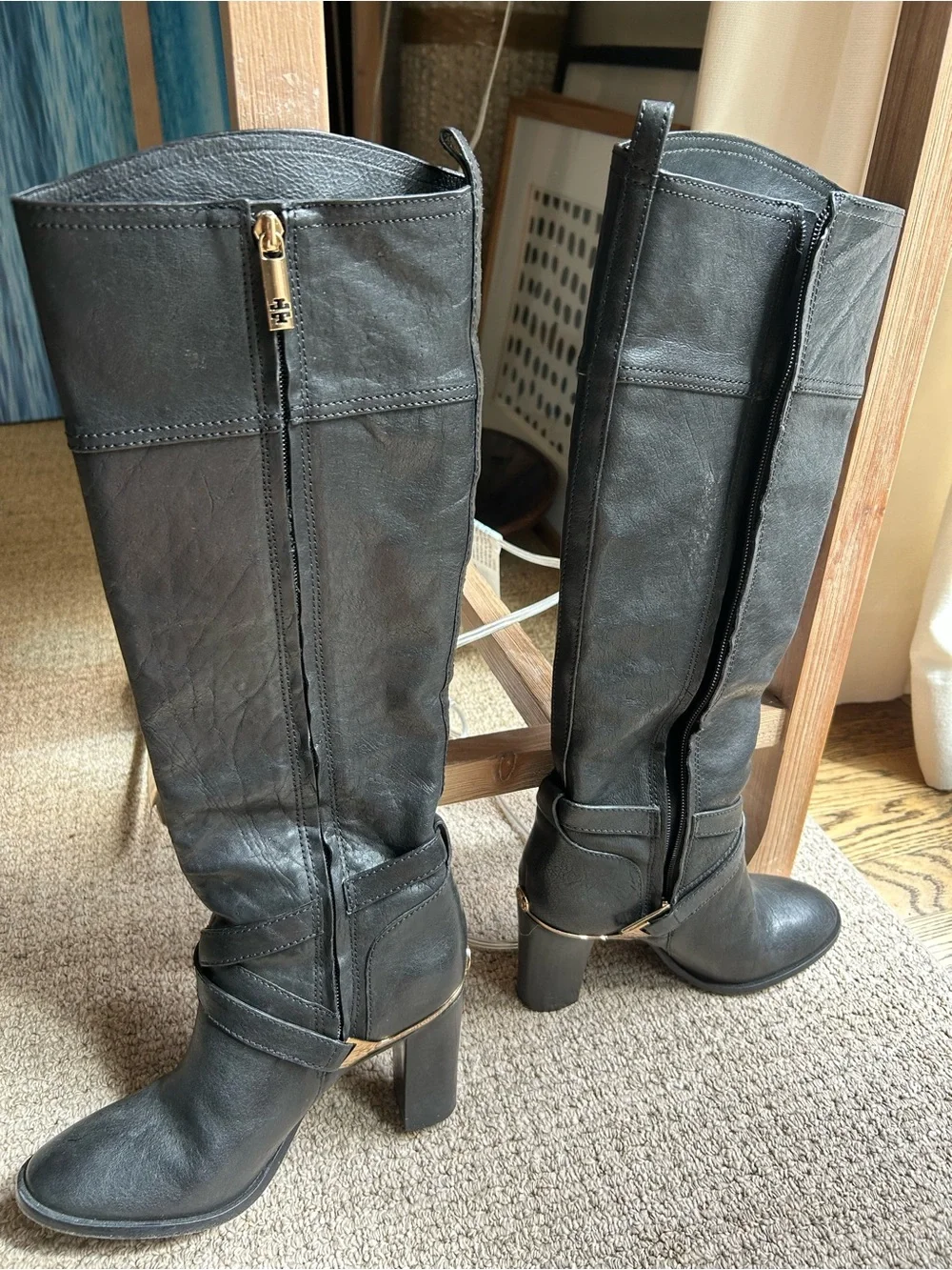 Tory Burch Livingston Black Leather Boots with Gold Accent (Originally $550)